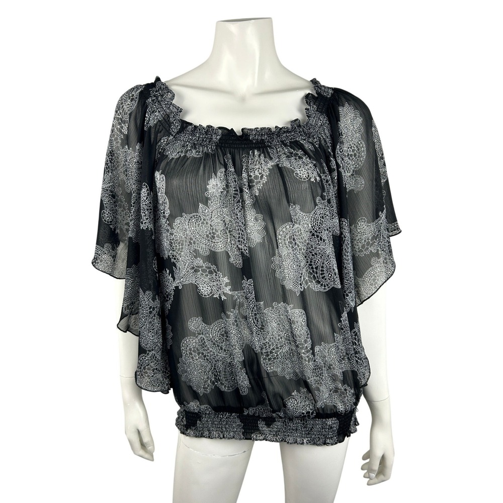 Sunny Leigh Blouse Womens M Black Sheer Lace Print Batwing Sleeve Boho Top